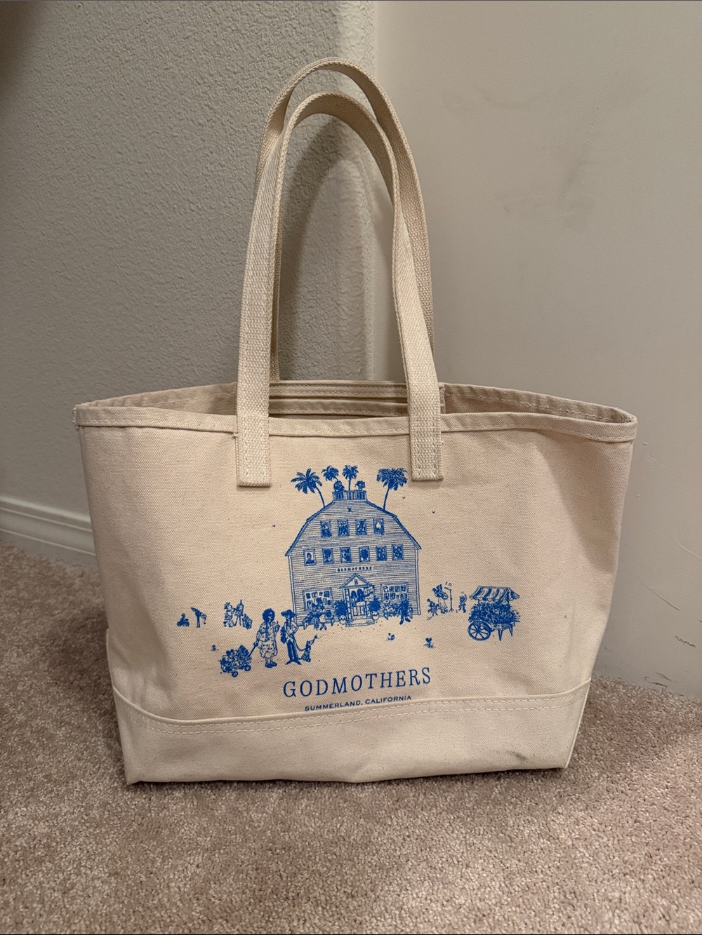 Godmothers Canvas Tote Bag in Natural with Blue Print